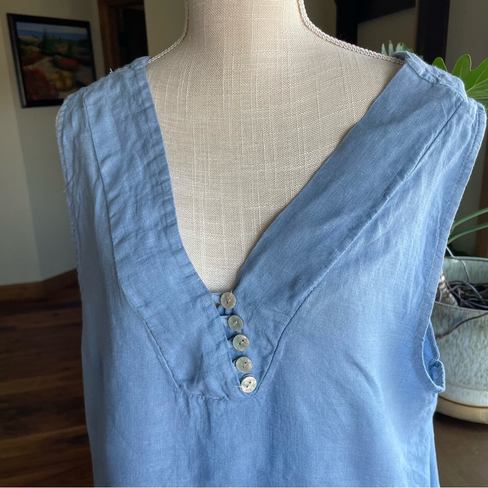 Tempo Paris Light Blue Button Detail 100% Linen V-Neck Sleeveless Dress Large - Picture 4 of 11